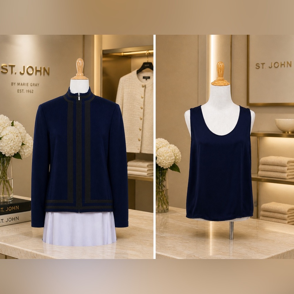 St. John Collection Blue Black Colorblock Pattern Mock Neck Sweater SET Size: M